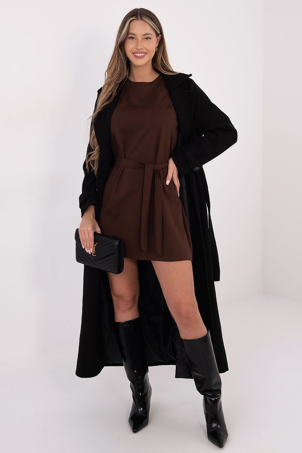  Brown women’s belted dress with round neckline and feminine lace sleeves