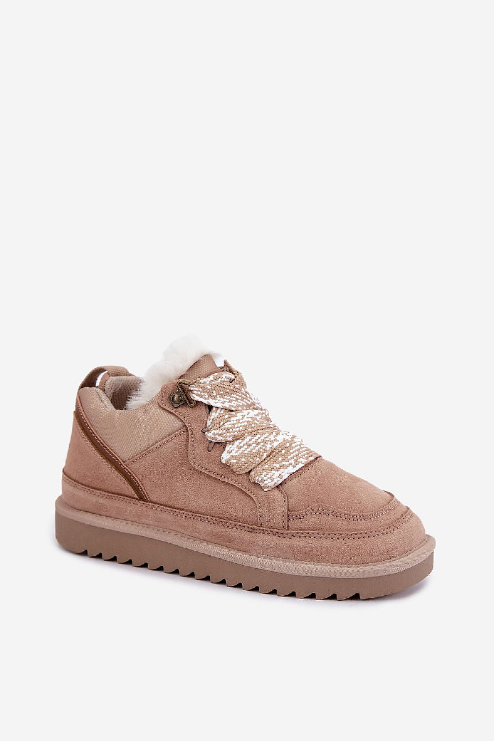 A single women's low-top sneaker in a dusty rose pink suede, featuring chunky metallic gold laces, a soft white faux-fur collar, and a thick brown ridged sole, shown against a plain light gray background.