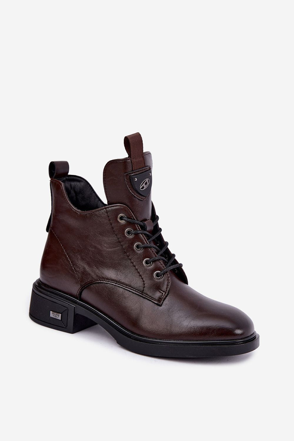 A dark brown leather lace-up ankle boot with a low black block heel, shown from a three-quarters angle on a light gray background.