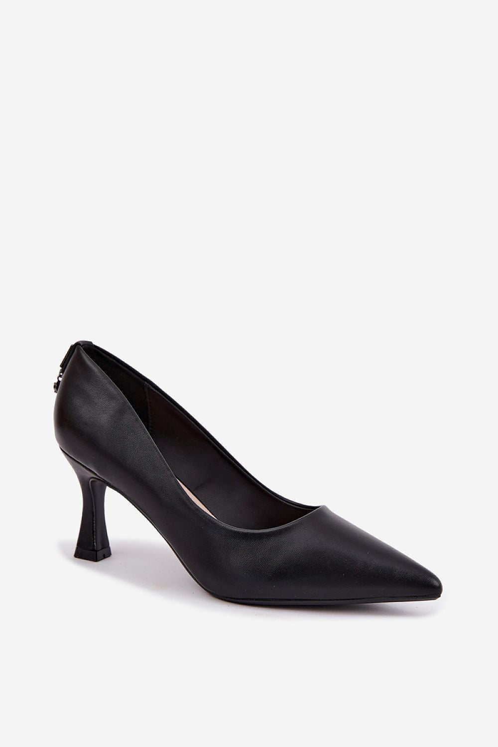 A single black leather pointed-toe pump with a mid-height kitten heel, shown from a side profile on a light gray background.