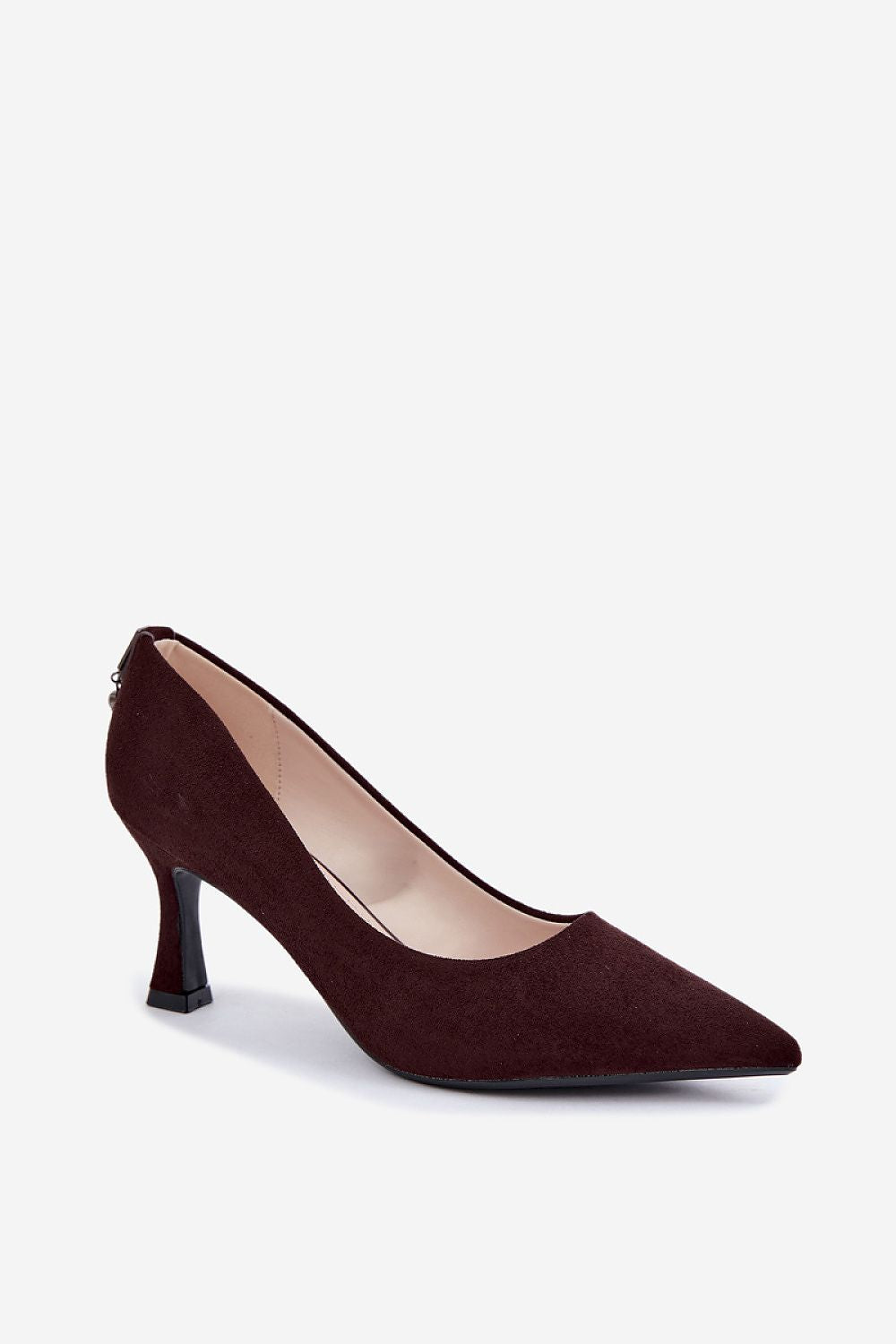 A single dark burgundy suede pointed-toe pump with a kitten heel, shown from a side profile on a light gray background.
