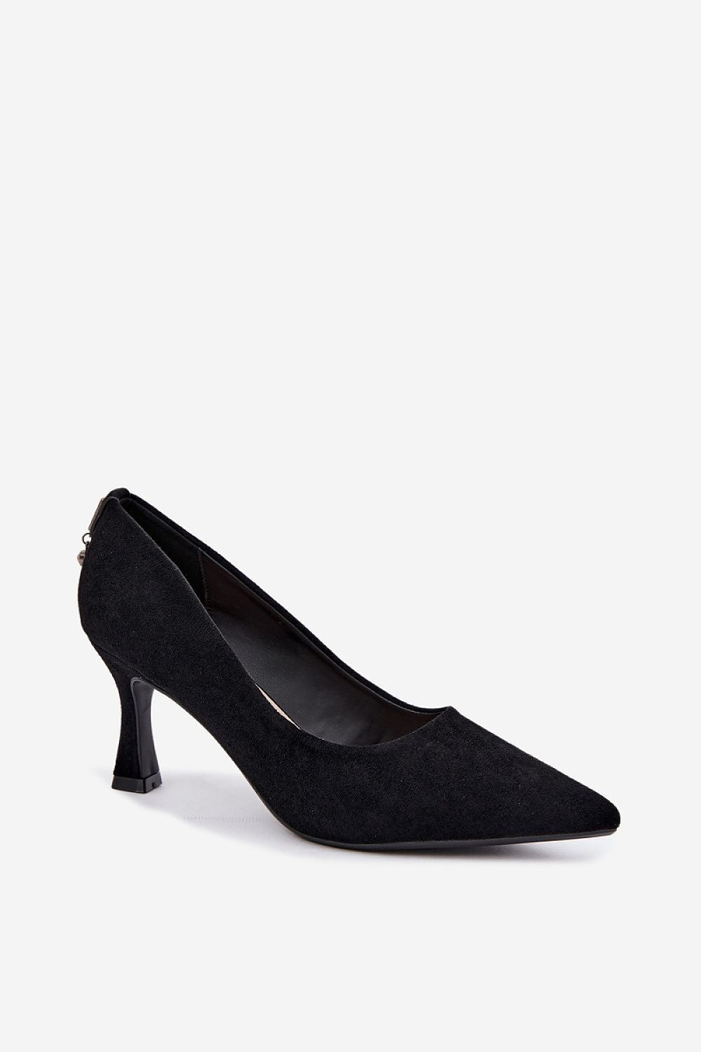 A single black pointed-toe pump with a kitten heel, shown from a side profile on a light gray background.