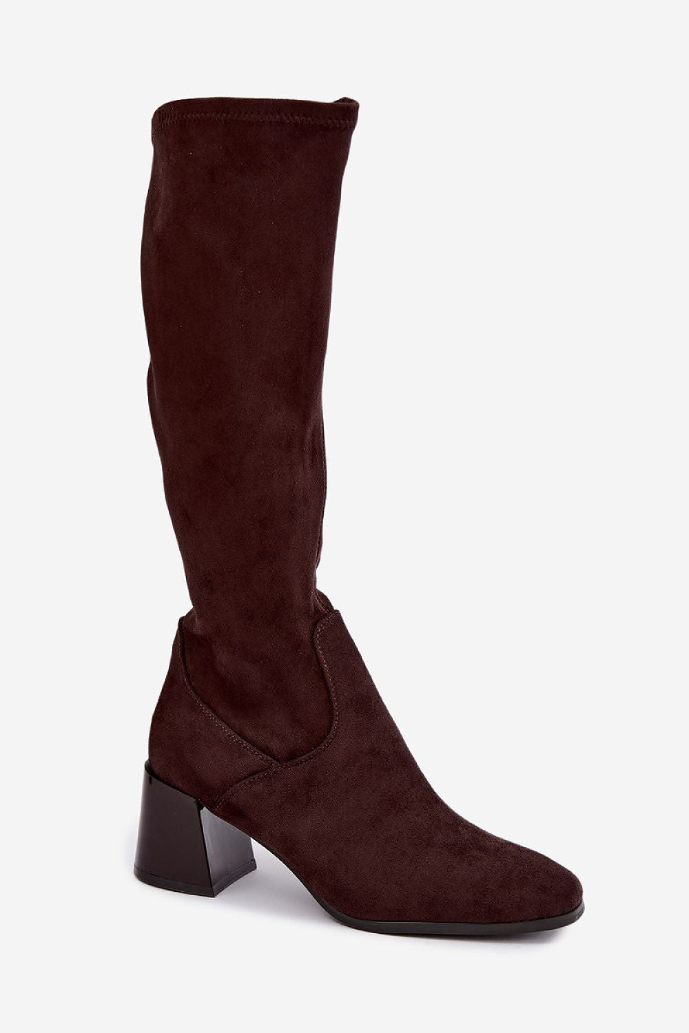A single dark burgundy suede knee-high boot with a block heel, shown from a three-quarters angle against a light gray background.