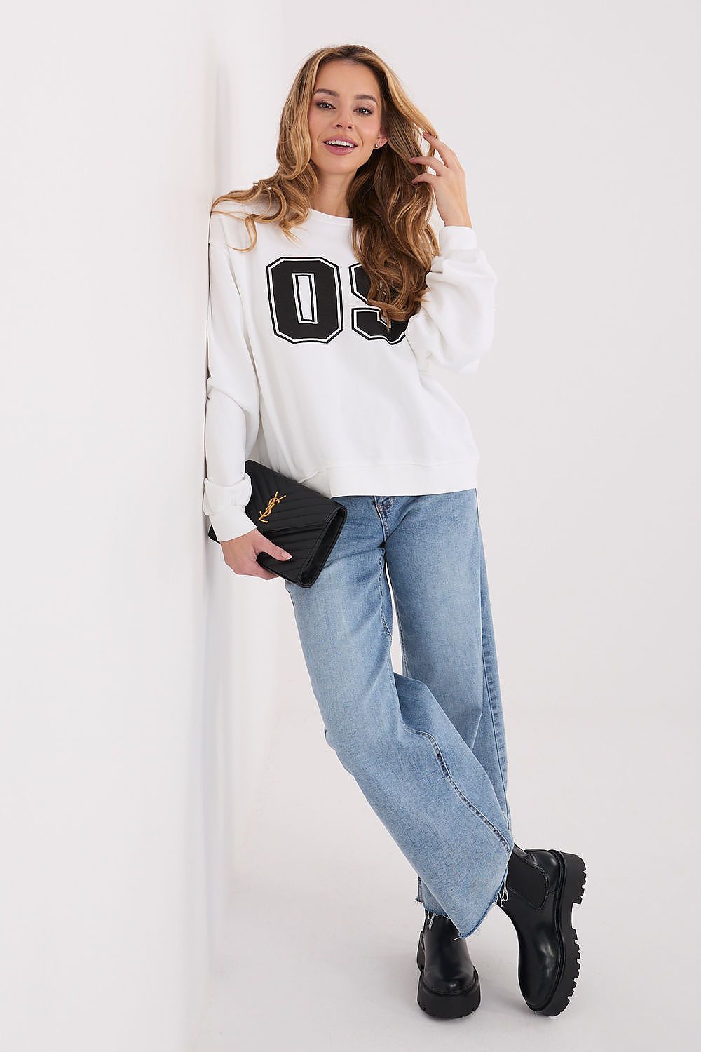  Grey women's cotton blend sweatshirt with round neckline and number design
