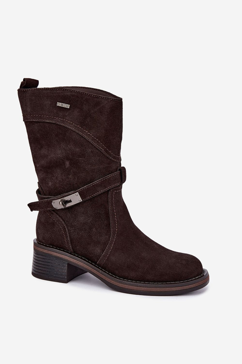 A dark brown suede mid-calf boot with a low block heel and a decorative buckle strap around the ankle, shown against a plain light background.