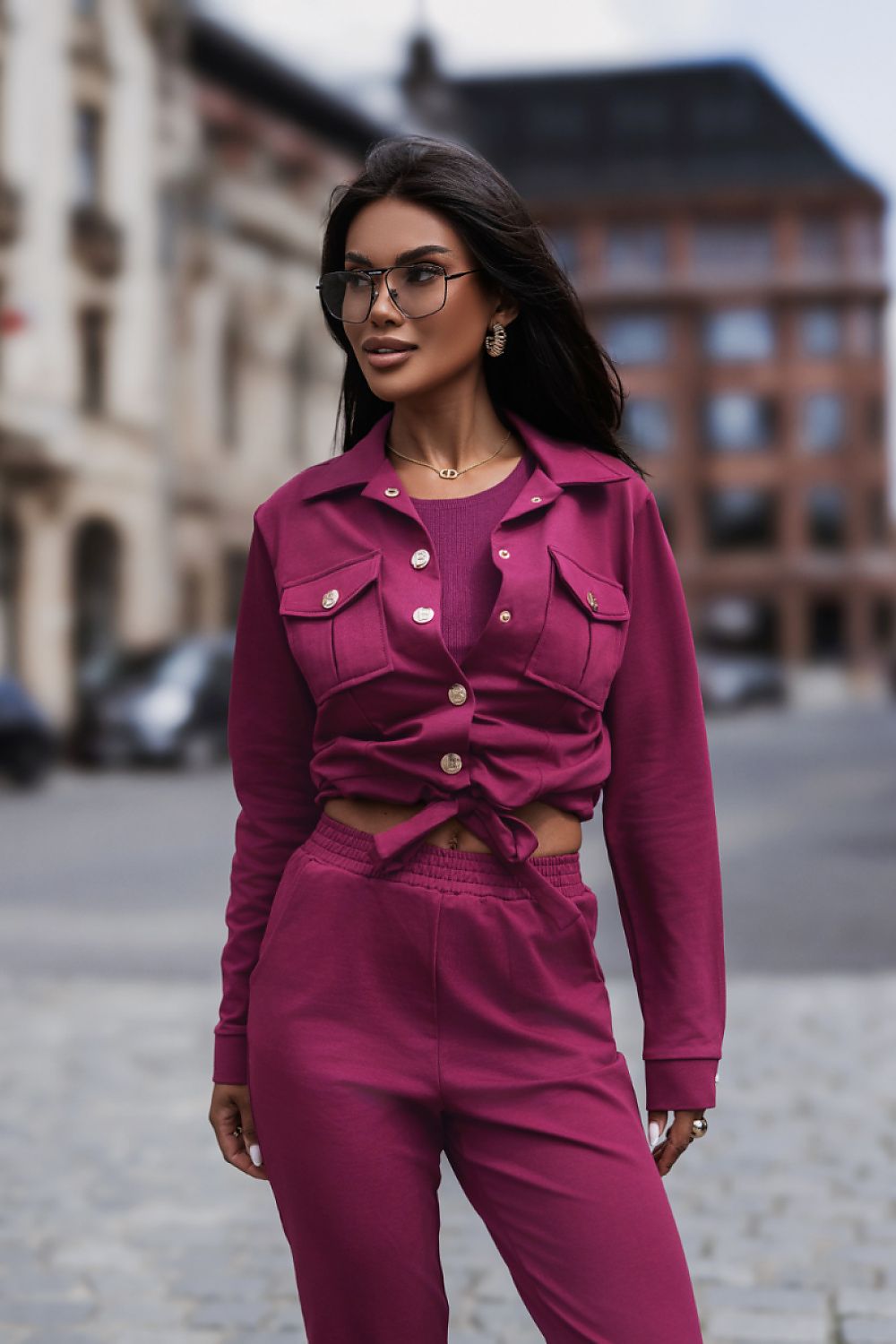  Pink women's matching outfit featuring a short jacket and elasticated waist trousers-2
