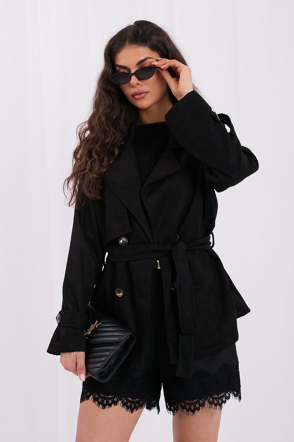  Coralie black suede-look belted double-breasted coat for women