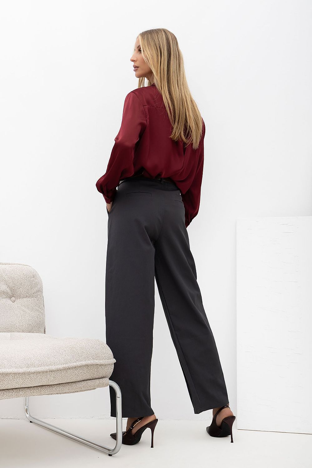  Women's red satin shirt with jet-stone embellished collar