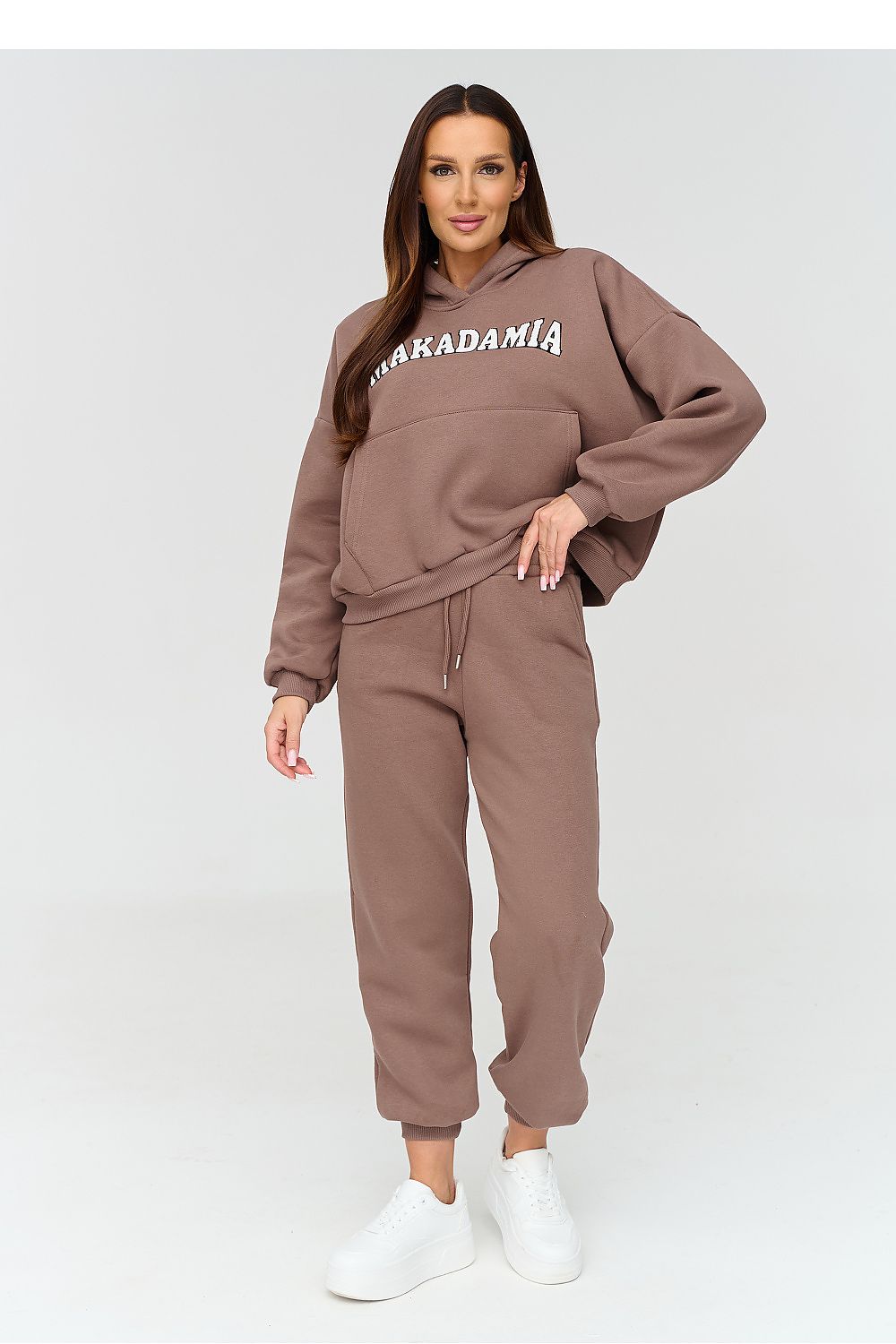Women's beige embroidered hoodie and straight-leg tracksuit set