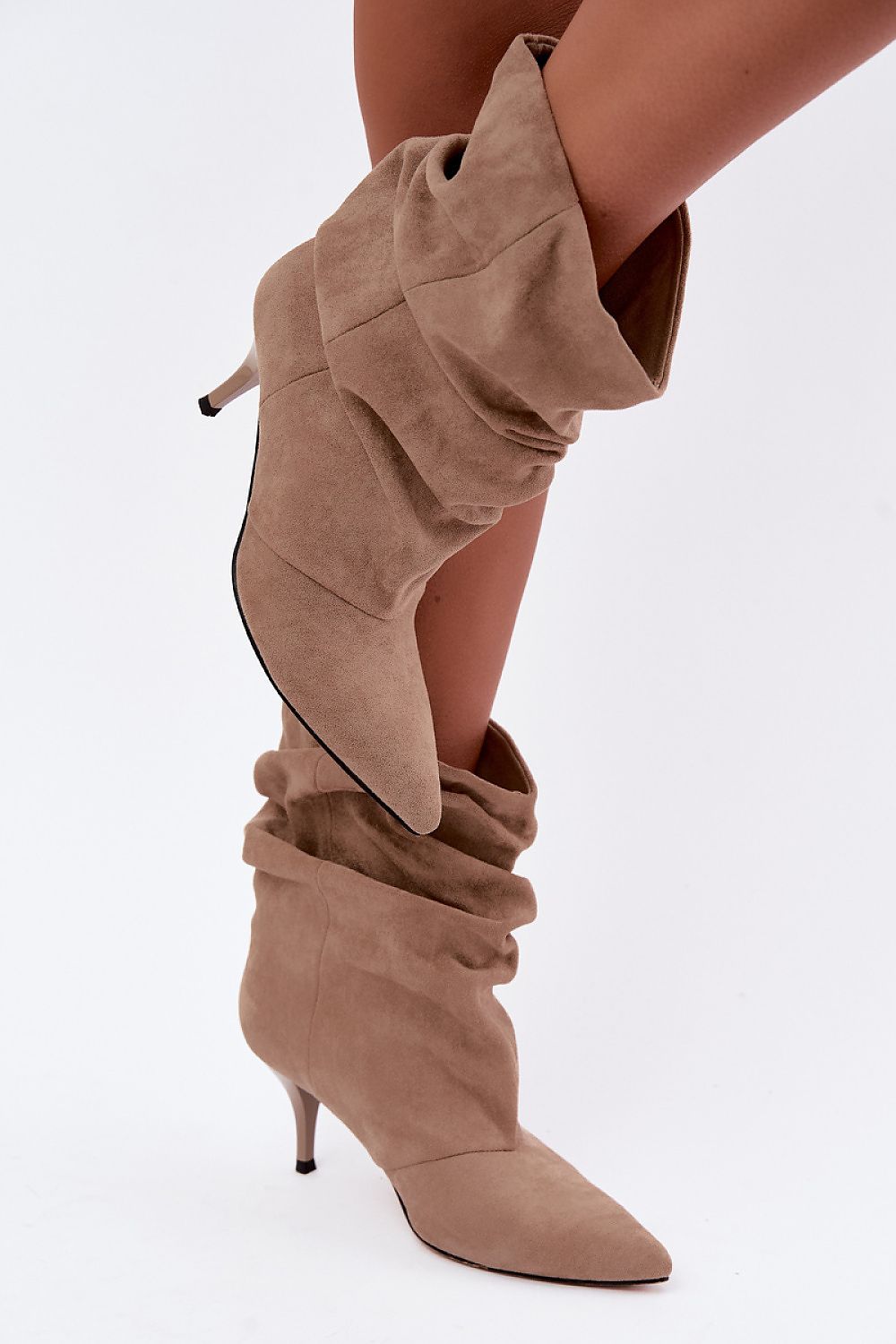Women's beige eco suede ruched ankle boots with slim heel