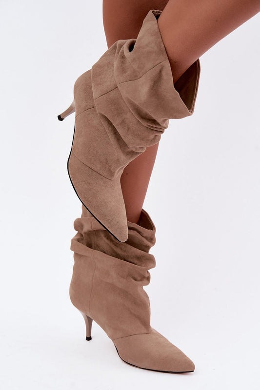 Women's beige eco suede ruched ankle boots with slim heel