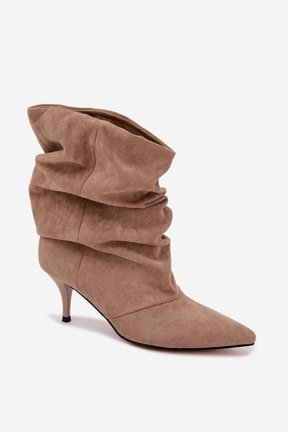 Women's beige eco suede ruched ankle boots with slim heel-2