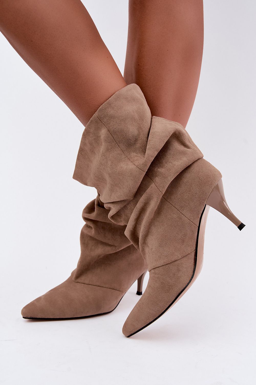 Women's beige eco suede ruched ankle boots with slim heel-3