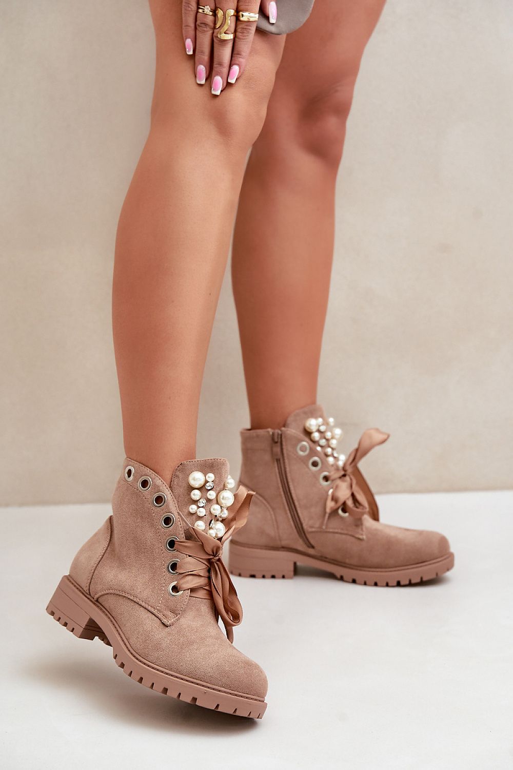 Beige women's ankle boots with pearl embellishment and feminine bow-2