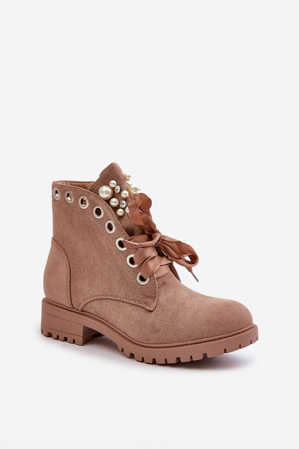 Beige women's ankle boots with pearl embellishment and feminine bow-3