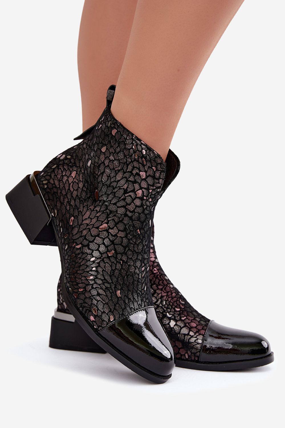 Women's black leather and suede ankle boots with block heel
