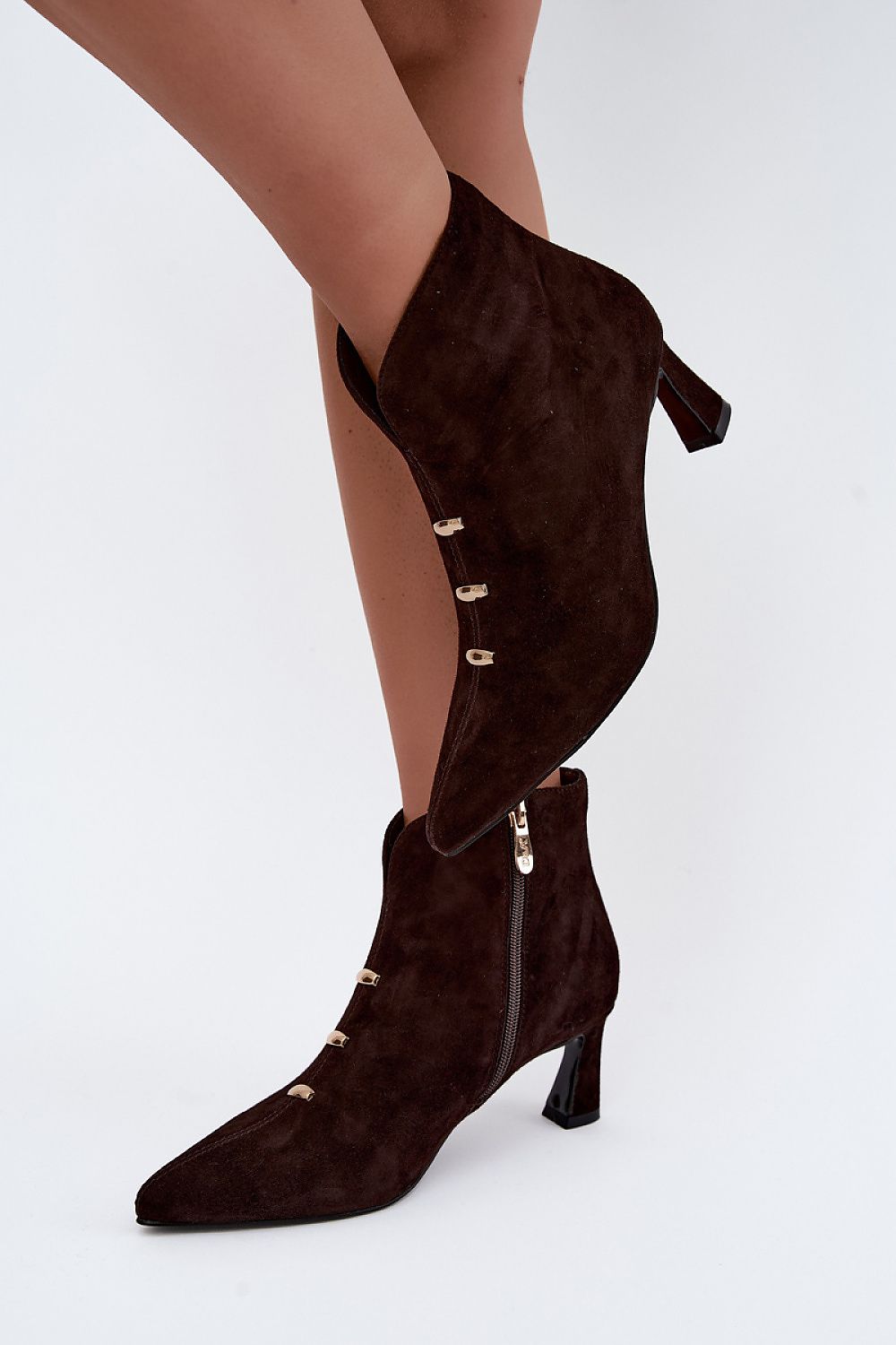 Women's brown suede pointed-toe ankle boots with block heel