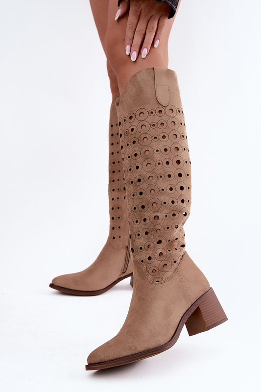  Women's brown Jezzi eco-suede boots with decorative lace-cut shaft