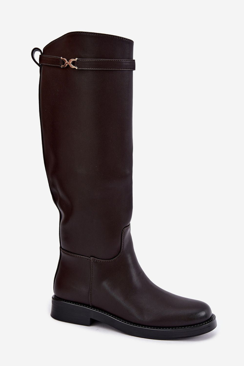 A single black leather knee-high boot with a low block heel and a small gold zipper pull on the side, shown against a plain light gray background.
