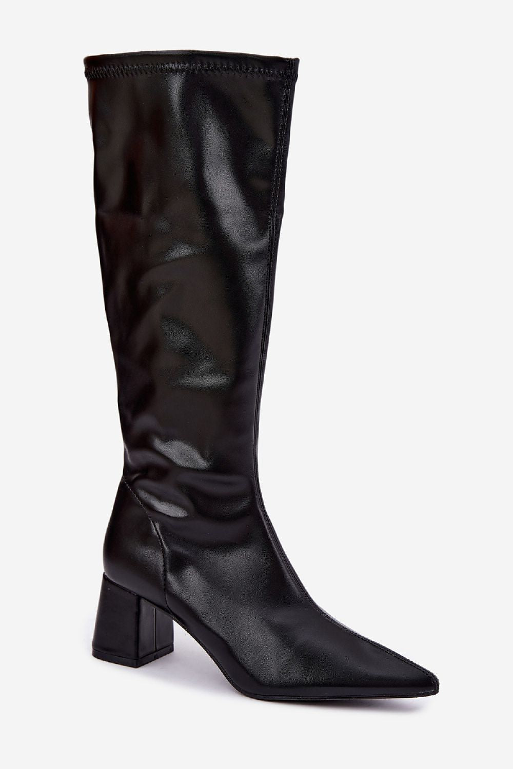A single black knee-high boot with a pointed toe and block heel, shown from a side profile on a light gray background.