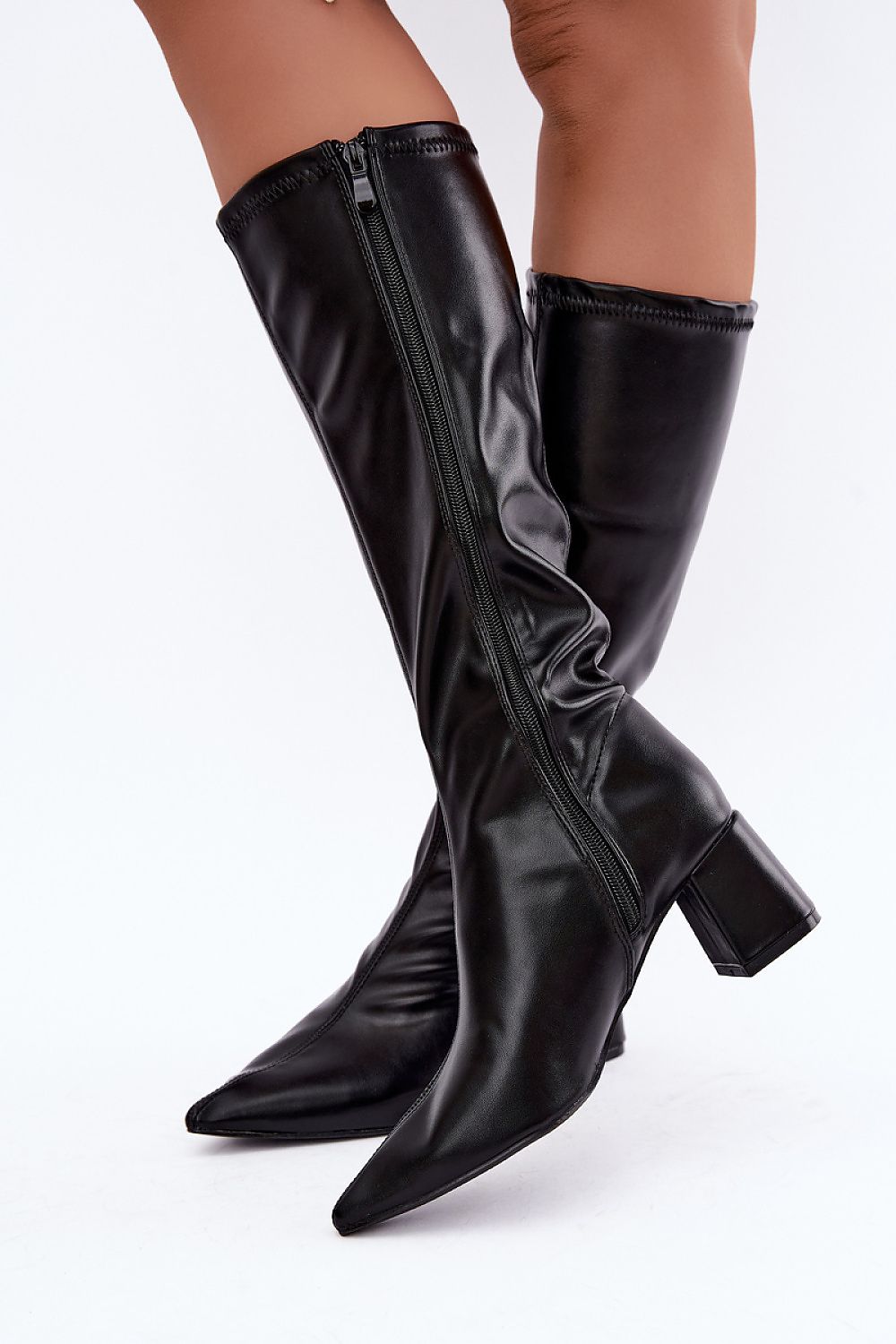 Women's black eco-leather ankle boots with pointed toes and column heels