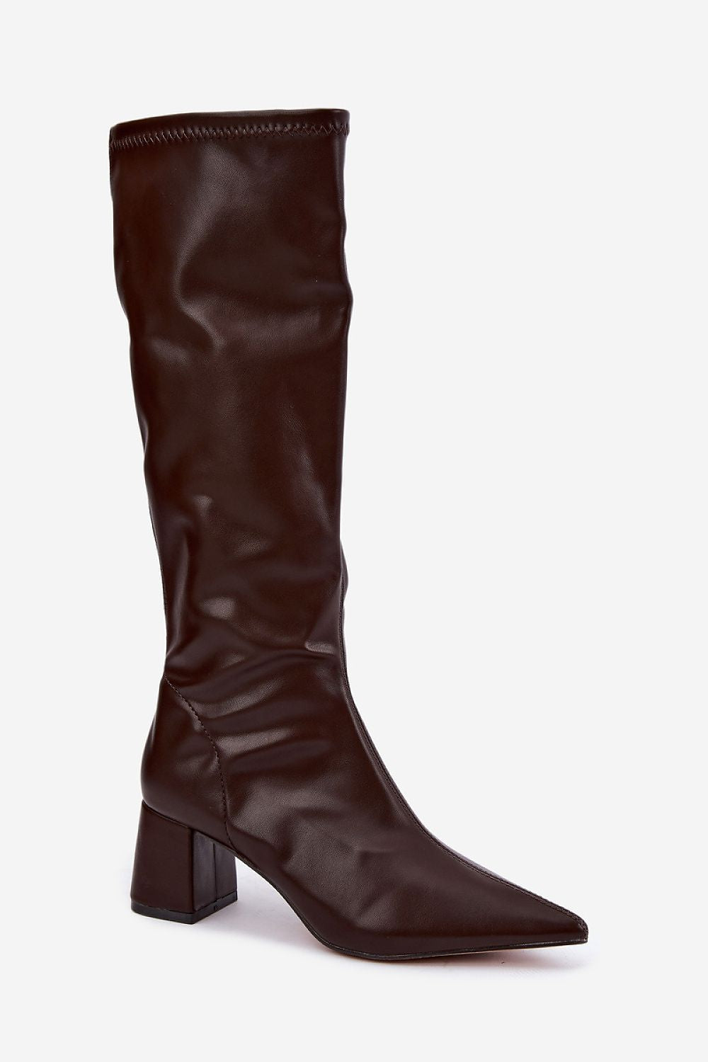 A dark brown knee-high boot with a pointed toe and block heel, shown from a side profile on a light gray background.