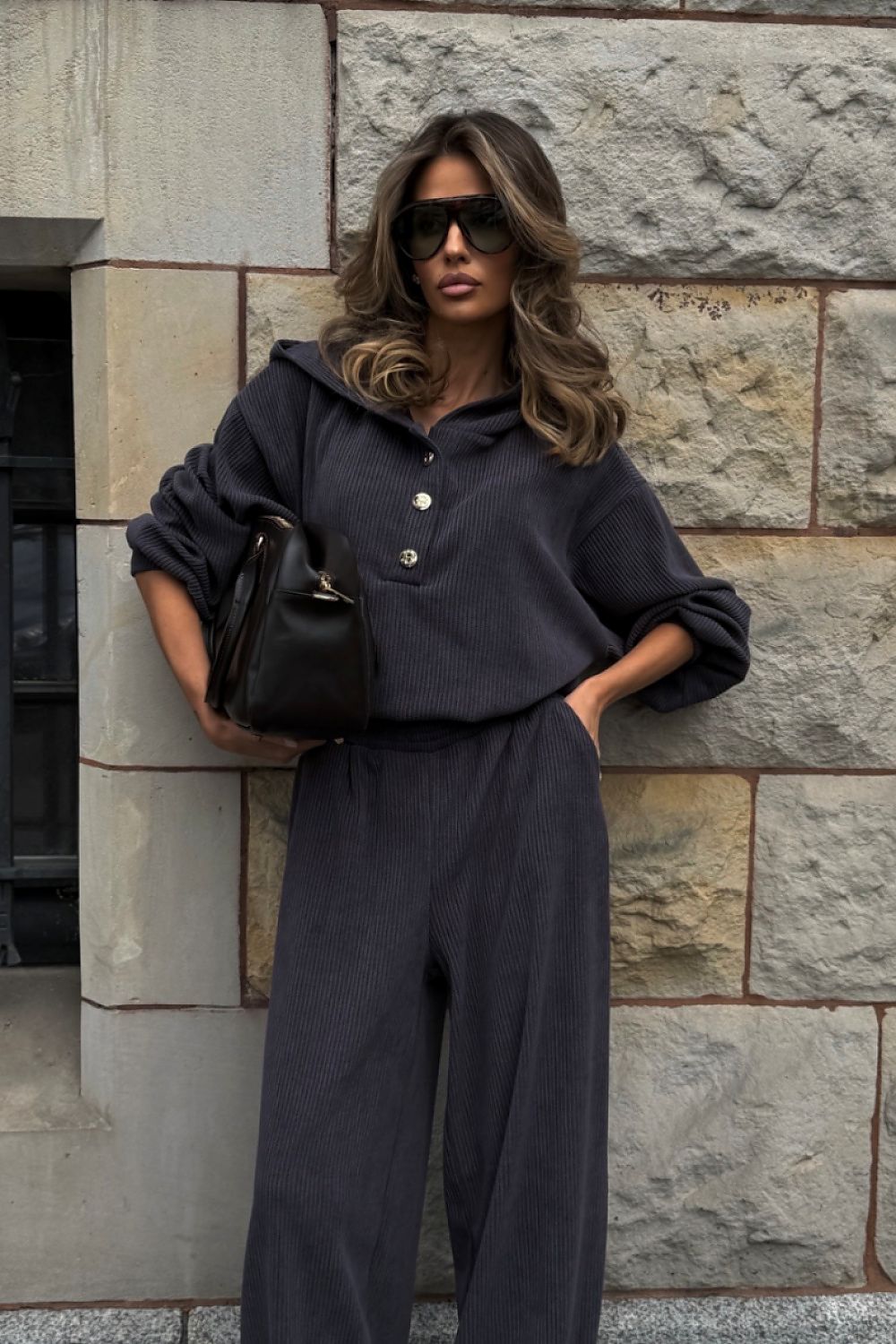 Women's grey cotton-blend lounge set styled with white trainers for everyday wear