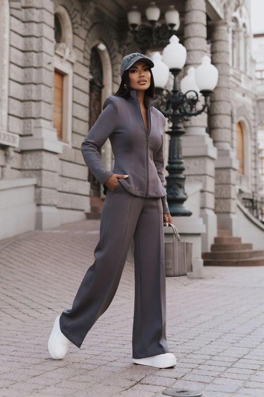 Kaori Luxe Grey Women's Zip-Up Jacket and Wide-Leg Trouser Co-Ord Set