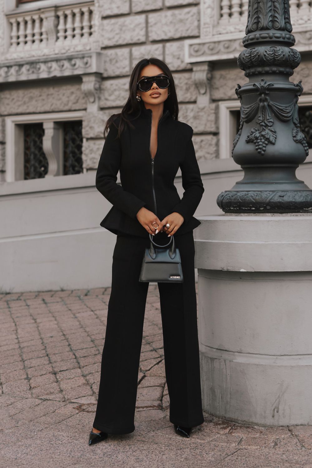  Kaori Luxe Black Women's Zip-Up Jacket and Wide-Leg Trouser Co-Ord Set