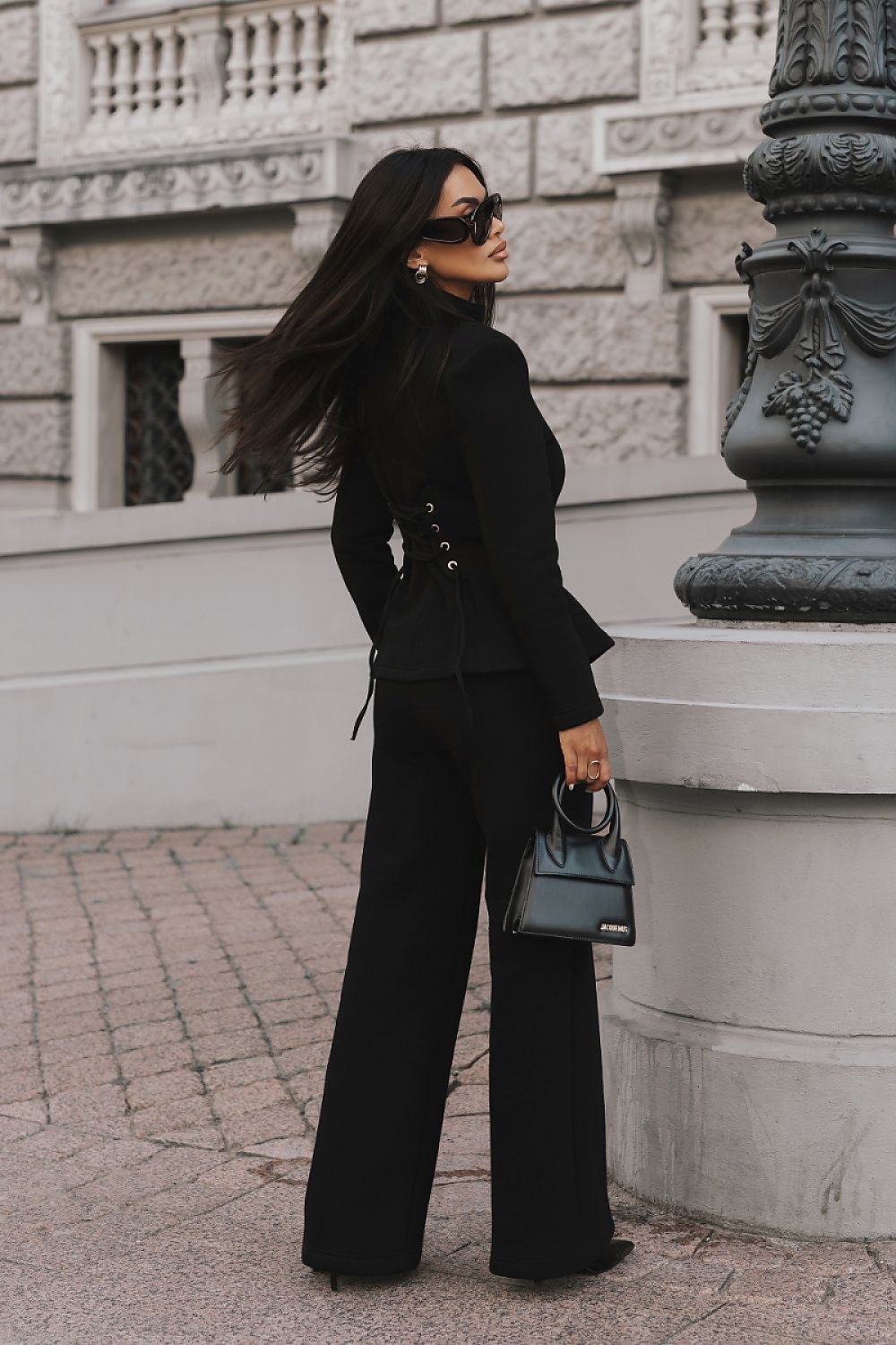 Kaori Luxe Black Women's Zip-Up Jacket and Wide-Leg Trouser Co-Ord Set-rear-view