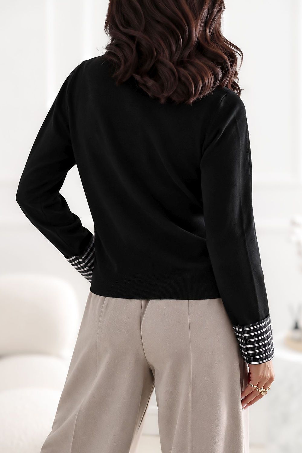  Elodie black button-up knit jumper with contrasting checked shirt cuffs-rear-view