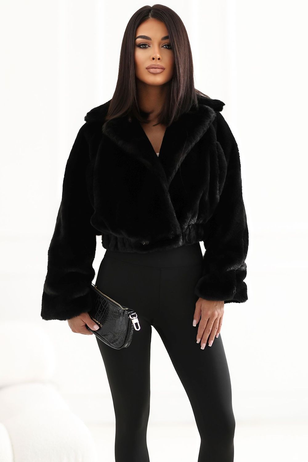  Bellamy black short jacket with plush fur-like texture and wide lapels