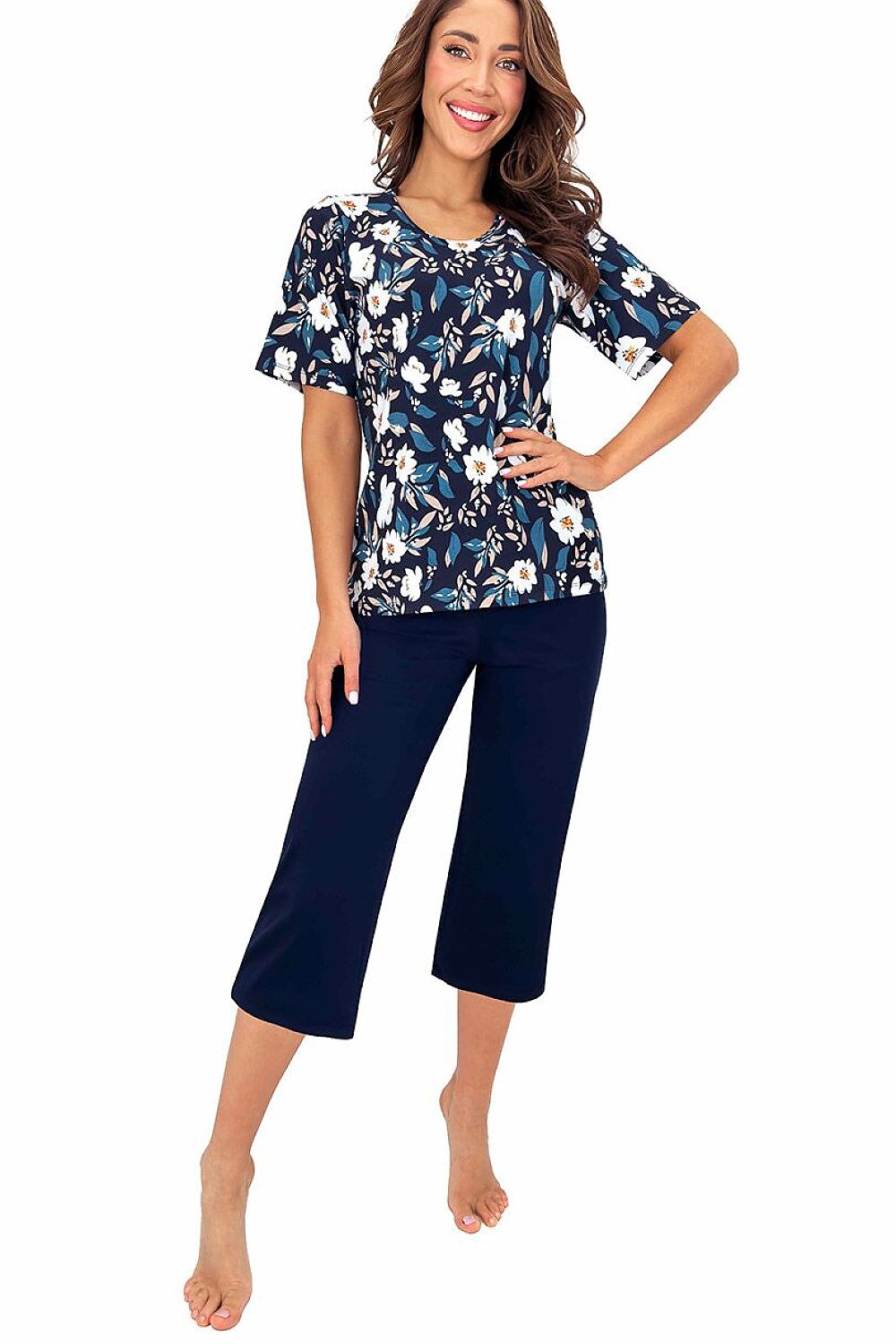 Navy women's viscose nightwear featuring a delicate floral print and comfortable cropped pyjama bottoms