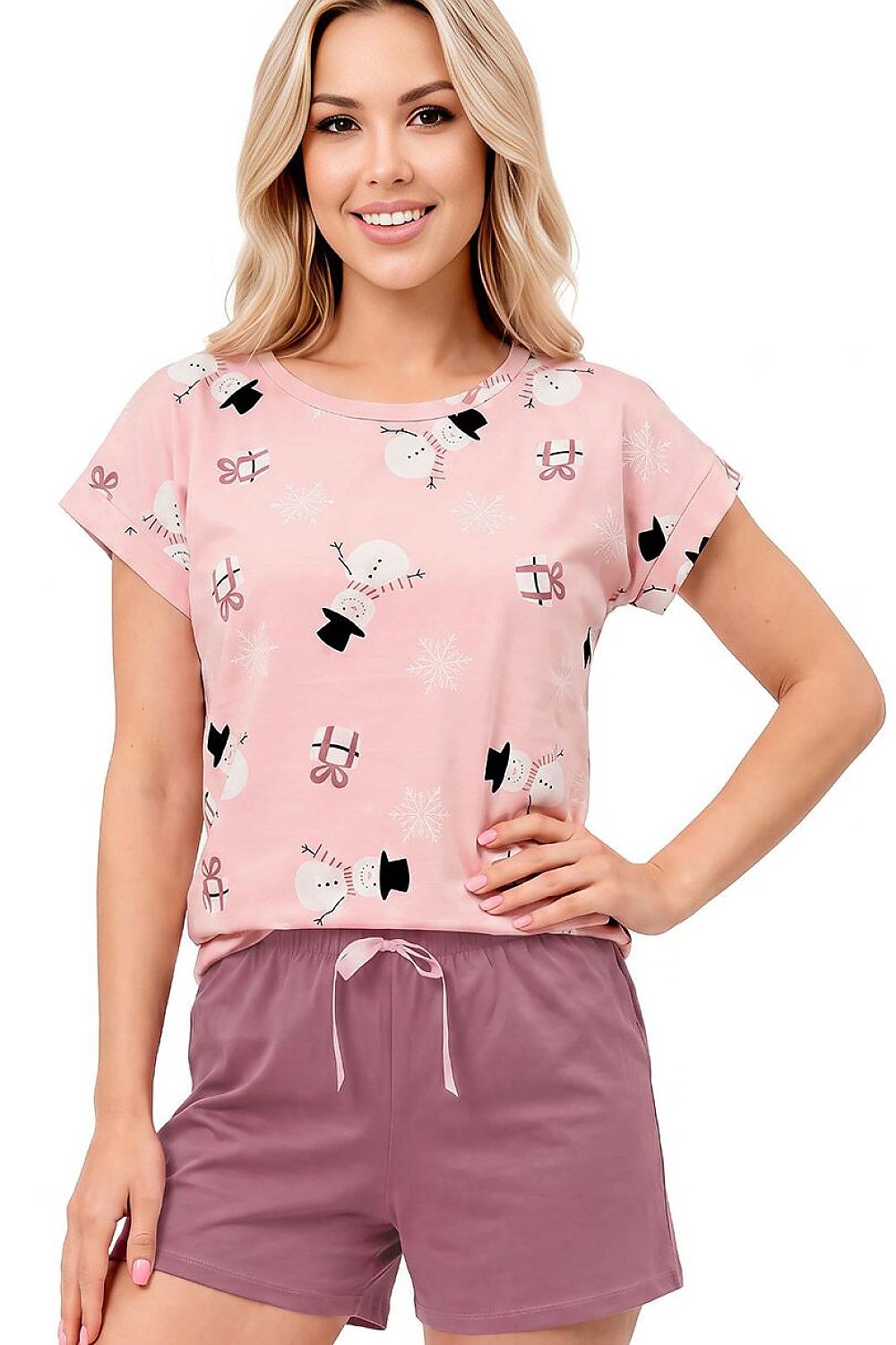 Women's cotton snowman pyjamas featuring a festive pink patterned top and relaxed plum-coloured shorts