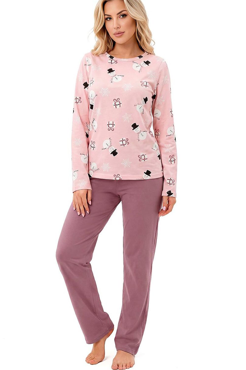 Women's winter nightwear featuring a festive snowman, snowflake and present print with plum straight-leg bottoms
