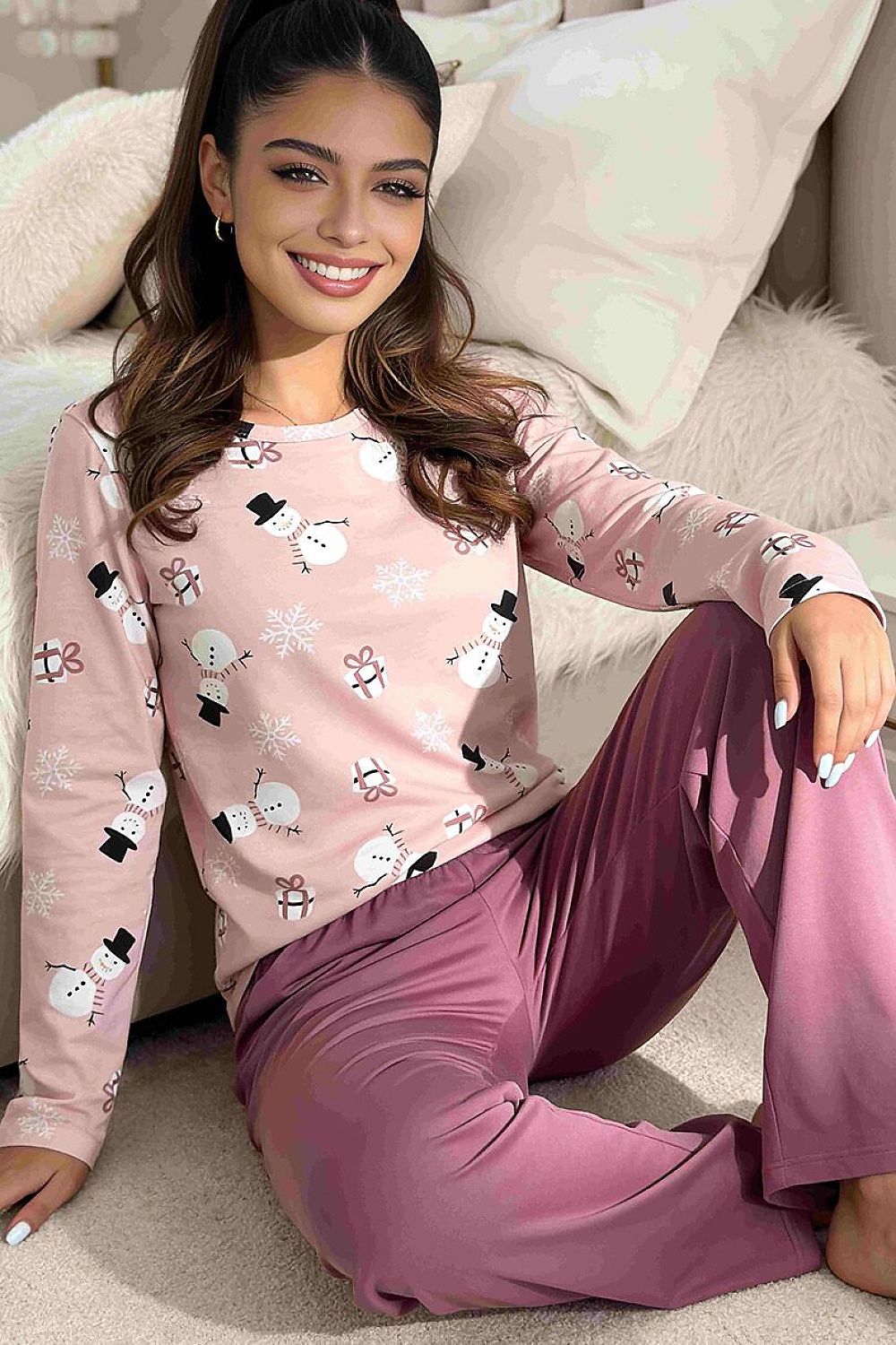Women's winter nightwear featuring a festive snowman, snowflake and present print with plum straight-leg bottoms-2