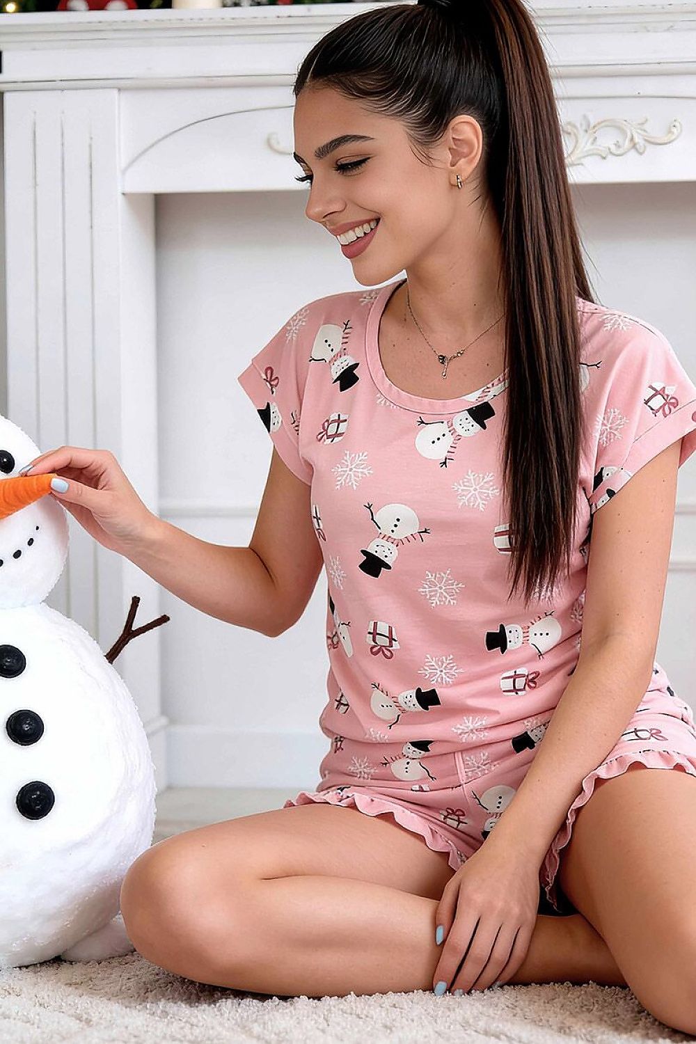 Pink short-sleeved kimono-style pyjama top with matching Christmas-print shorts and decorative waist bow-3