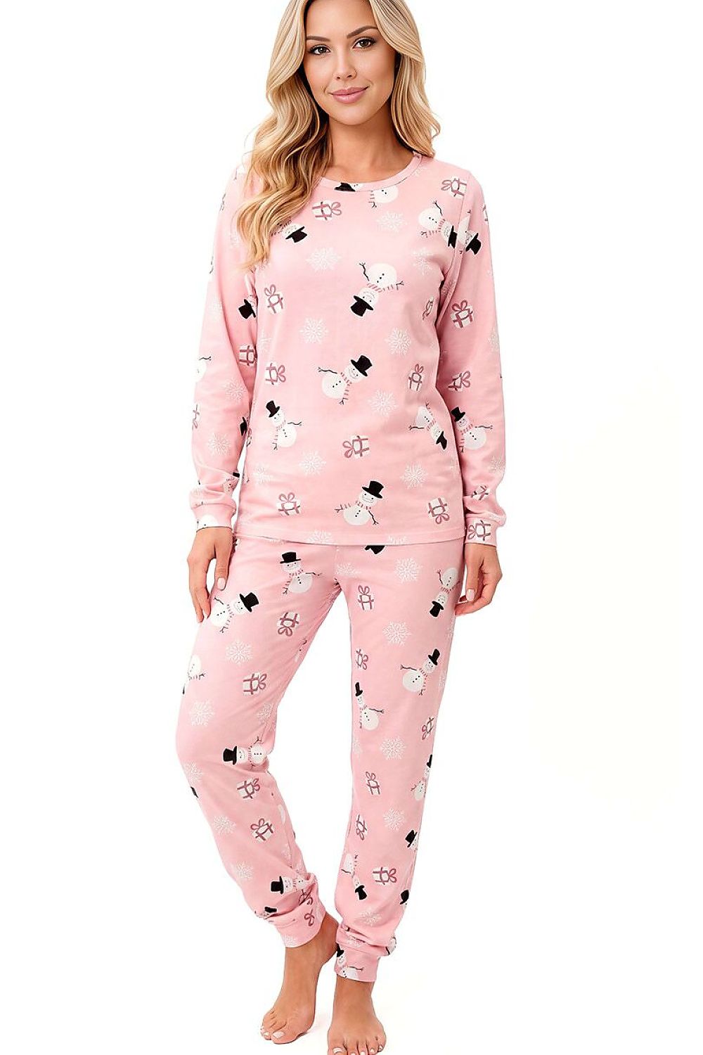  Women's festive pink snowman pyjama set with matching Christmas-print top and tapered cuffed bottoms