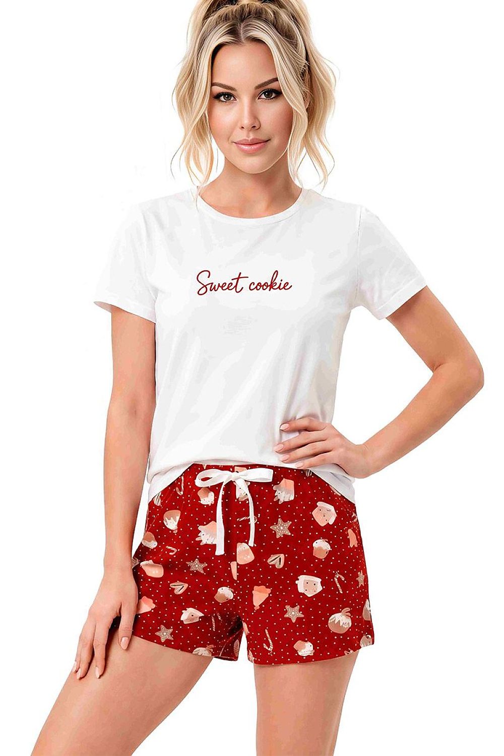 Women's Christmas cotton shorts pyjama set with white Sweet Cookie T-shirt and red festive-print shorts