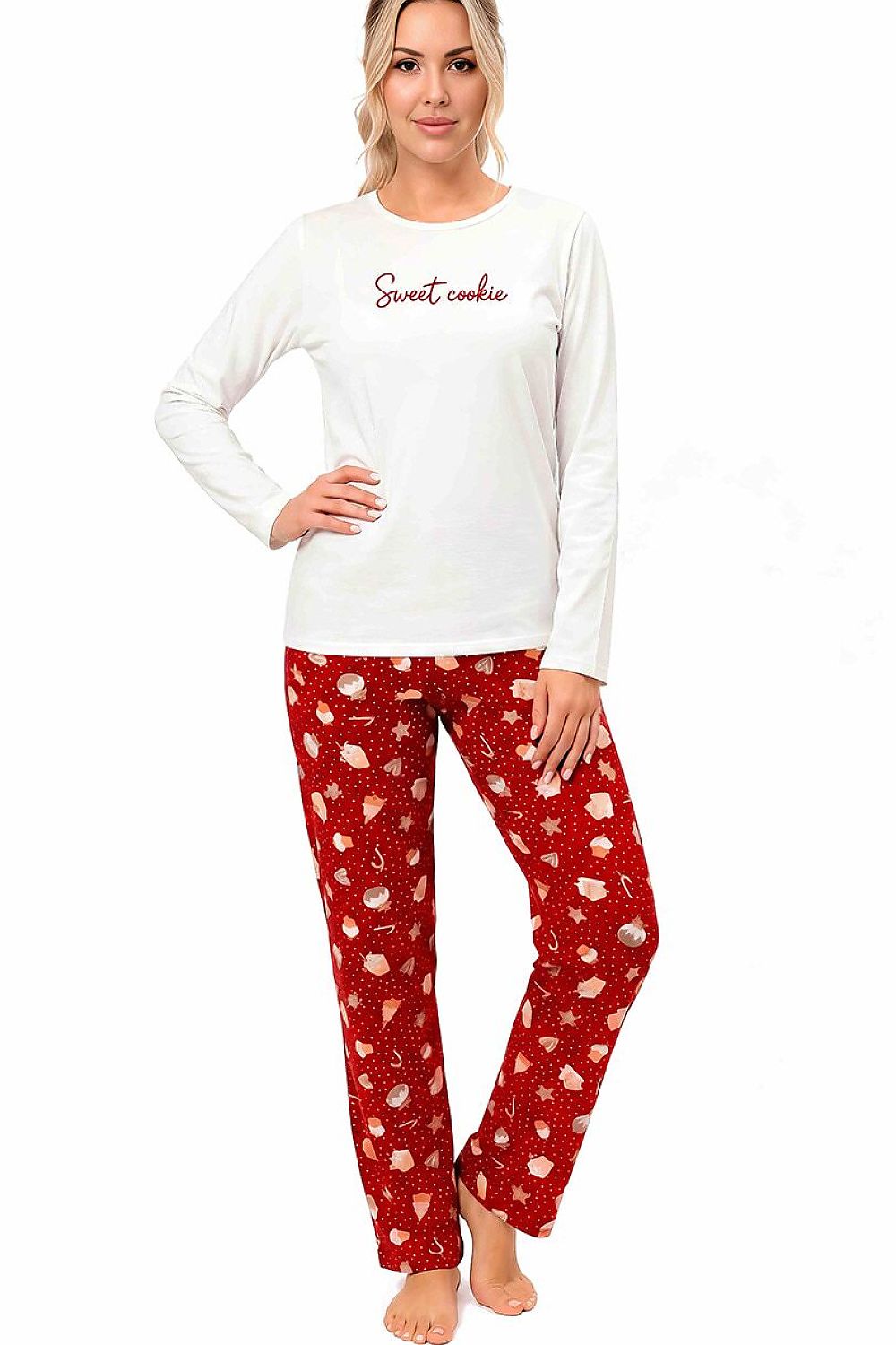  Women's 100% cotton festive pyjamas featuring a Sweet Cookie slogan top and straight-leg Christmas-print bottoms