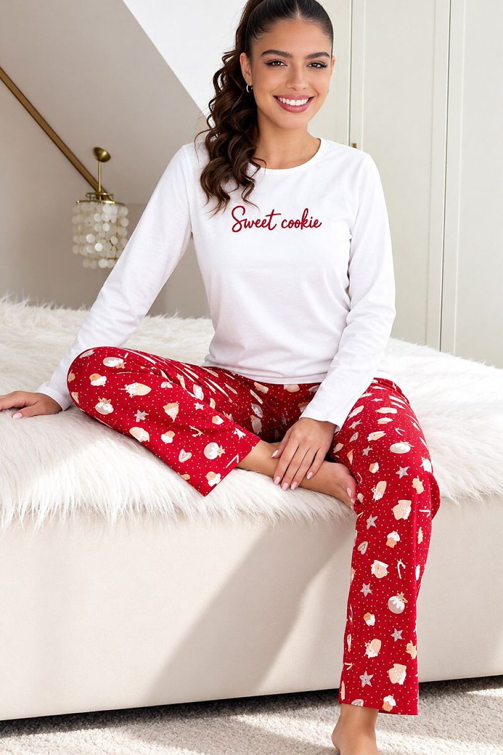 Women's 100% cotton festive pyjamas featuring a Sweet Cookie slogan top and straight-leg Christmas-print bottoms-
