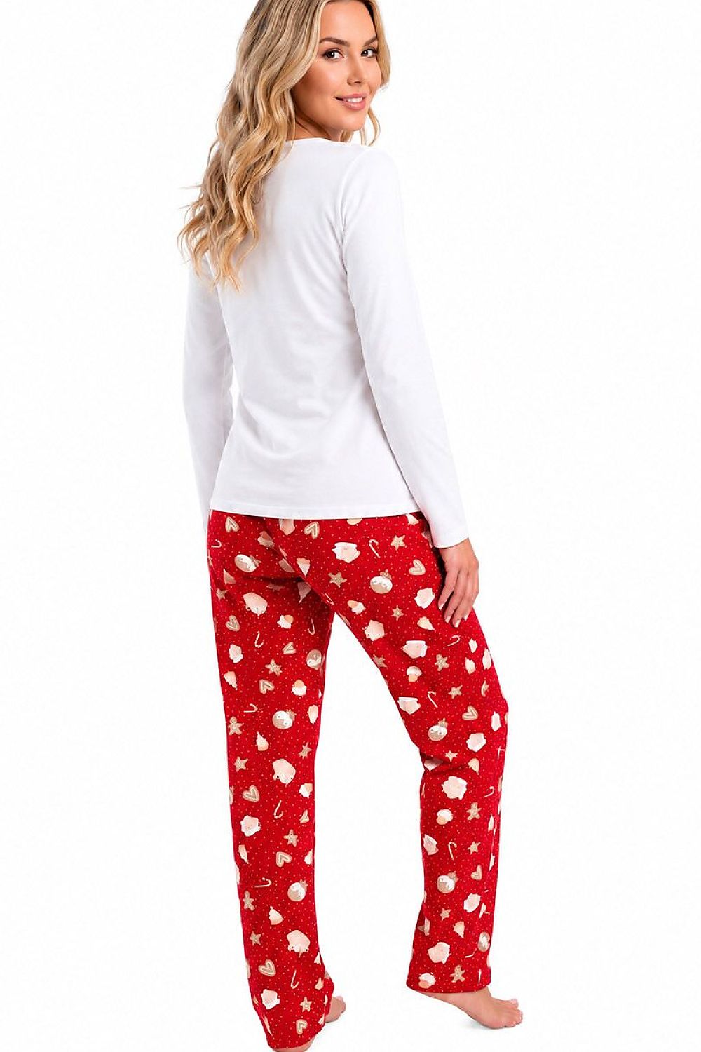 Women's 100% cotton festive pyjamas featuring a Sweet Cookie slogan top and straight-leg Christmas-print bottoms rear view