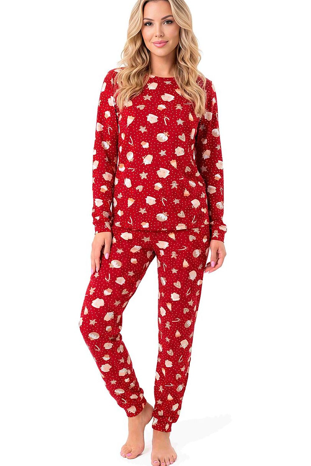  Women's red Christmas cotton pyjama set with gingerbread cookies, hearts and festive sweets print