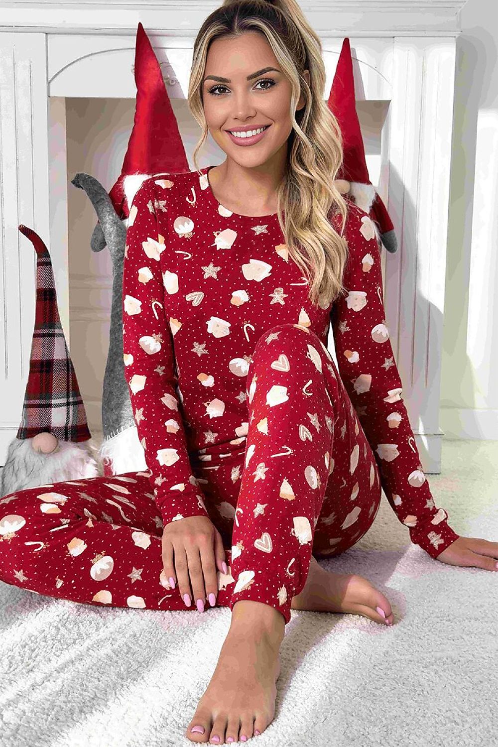 Women's red Christmas cotton pyjama set with gingerbread cookies, hearts and festive sweets print-2