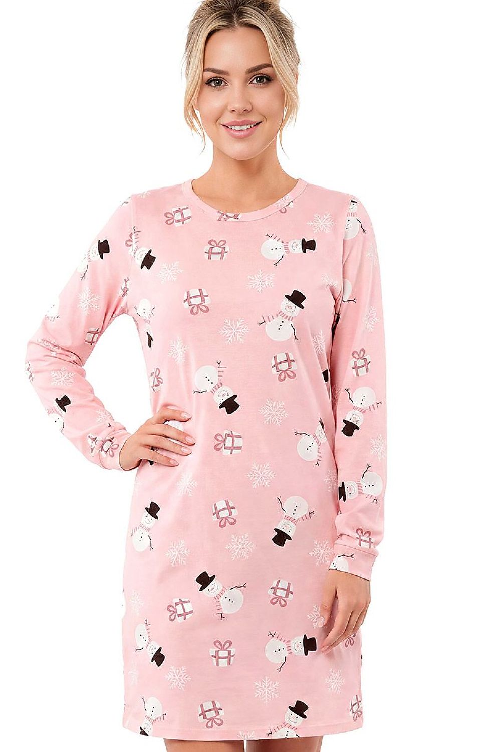 Women's pink cotton winter nightshirt with snowman, snowflake and present print