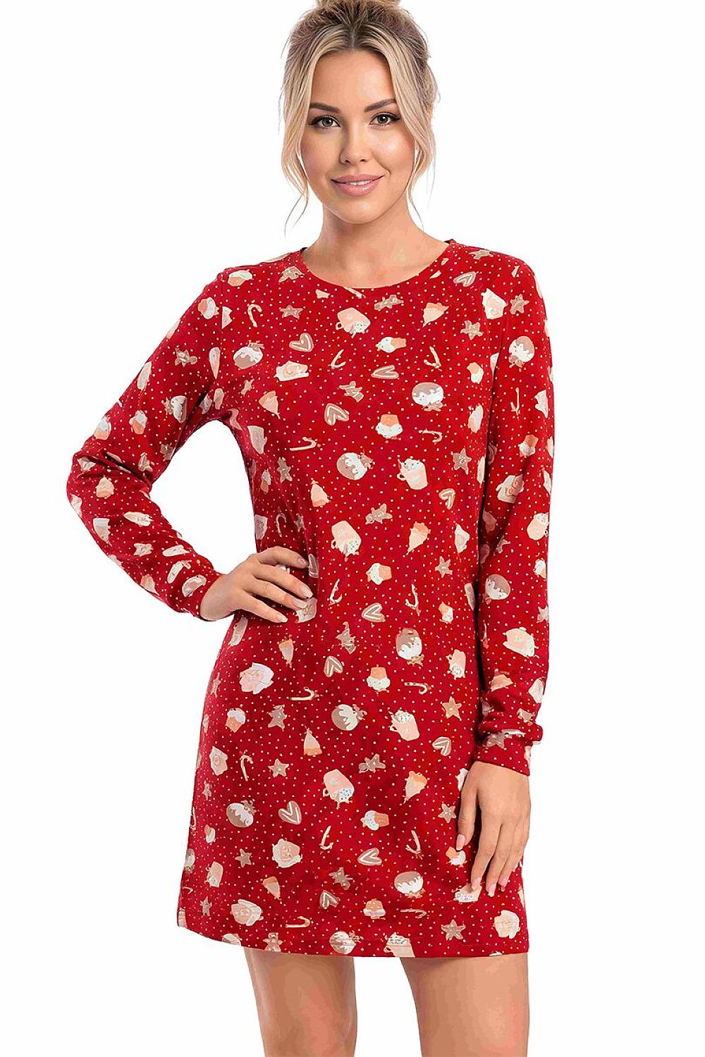 Women's red Christmas cotton nightshirt with gingerbread cookies, sweets, hearts and festive dot print