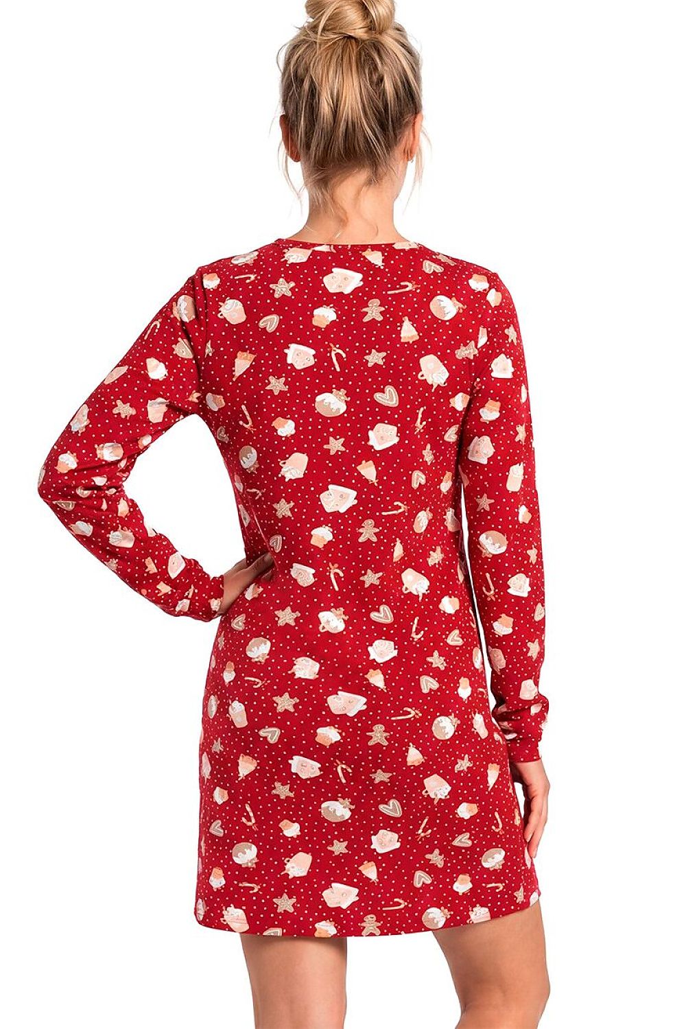 Women's red Christmas cotton nightshirt with gingerbread cookies, sweets, hearts and festive dot print rear view