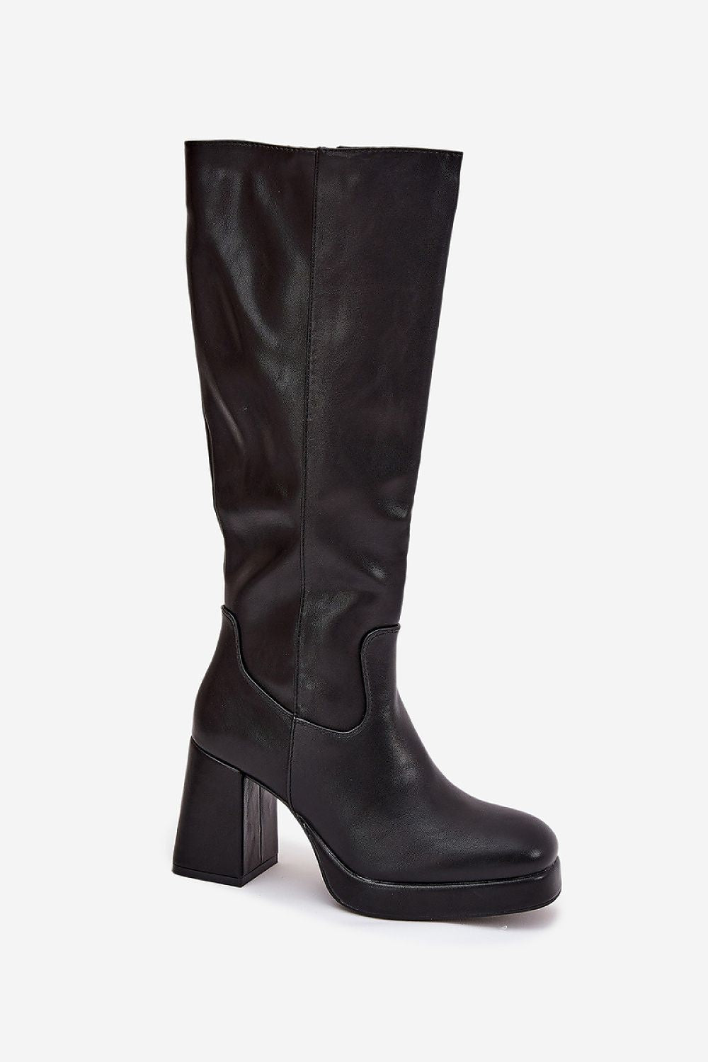 A black leather knee-high boot with a chunky block heel and platform sole, shown from a side profile on a light gray background.