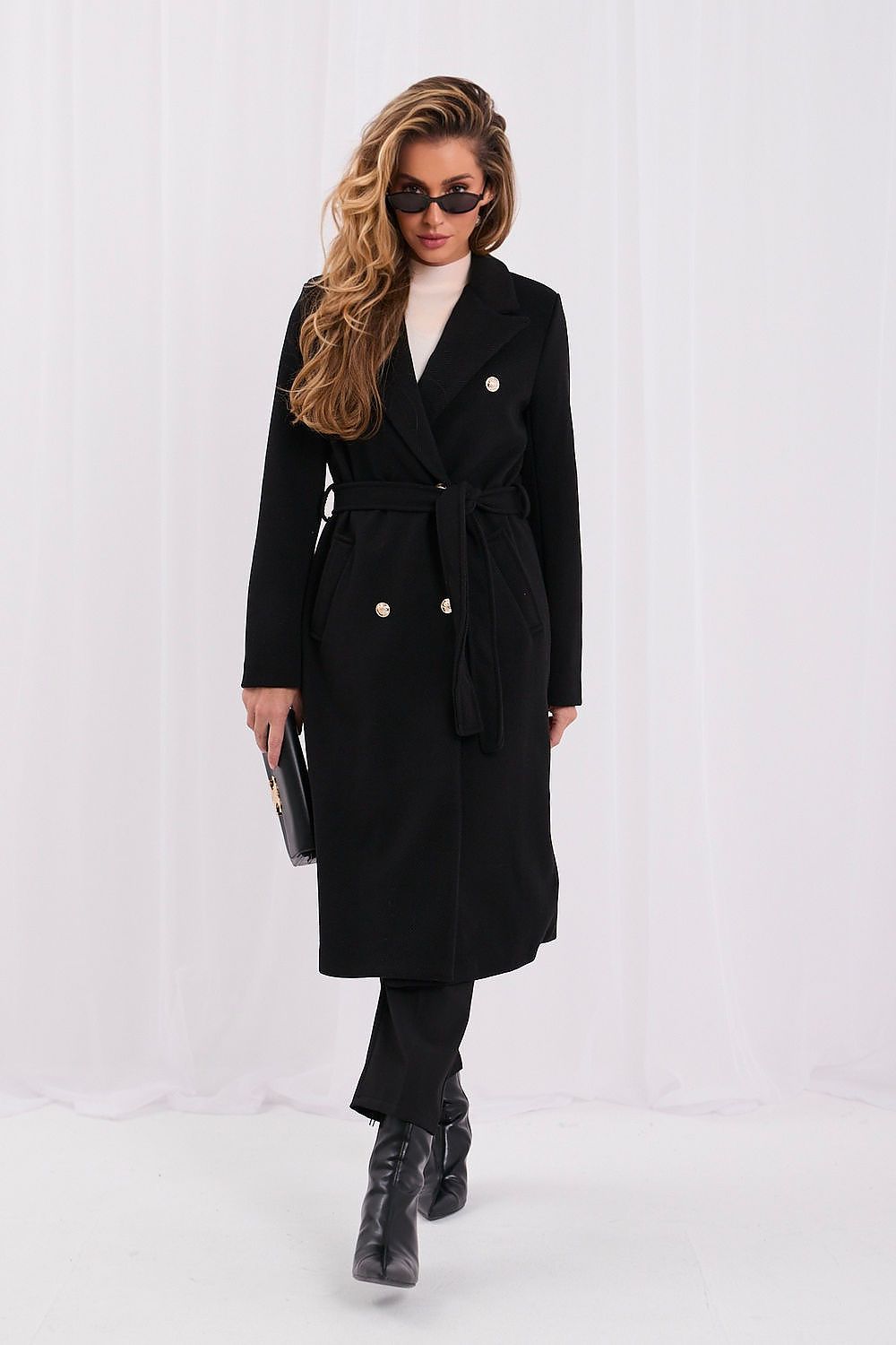 Women's black below-the-knee coat with ribbed texture, notched lapels and waist tie 2