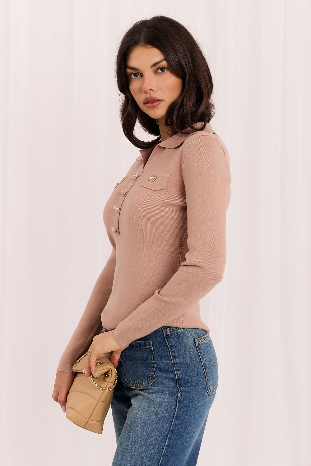 Beige women's viscose polo sweater with V-neckline, collar and decorative front buttons